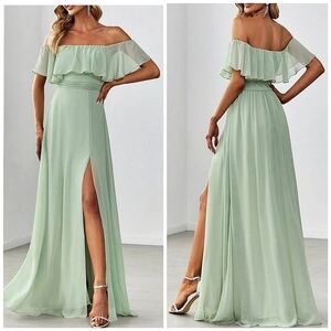 New Flowy Sheer Chiffon Popover Ruffle Off Shoulder Split Maxi Dress Light Green